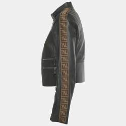 Pre Owned Fendi Black Logo Band Trim Leather Jacket S