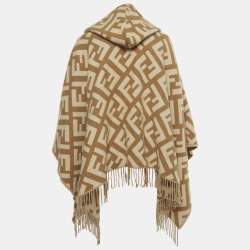 Pre Owned Fendi Beige FF Monogram Intarsia Cashmere Fringed Poncho One Size