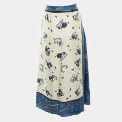 Pre Owned Fendi Blue Zodiac Print Silk Pleated Wrap Skirt M