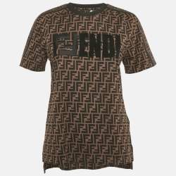 Pre Owned Fendi Brown FF Zucca Logo Print Cotton Crewneck T-Shirt XXS