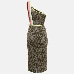 Pre Owned Fendi Brown Zucca Knit One Shoulder Roma Amor Dress S