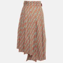 Pre Owned Fendi Orange/Blue FF Print Cotton Pleated Midi Skirt XS
