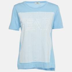 Pre Owned Fendi Blue Stripe Logo Print Cotton T-shirt S