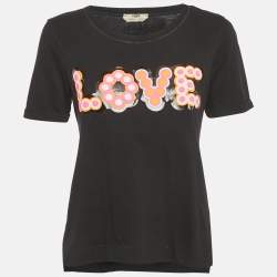 Pre Owned Fendi Black Love Applique Cotton T-Shirt S