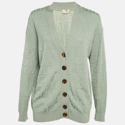 Pre Owned Fendi Mint Green Logo Cotton Knit Cardigan M