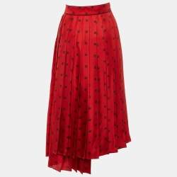 Pre Owned Fendi Red Karligraphy Print Silk Pleated Midi Skirt S