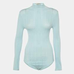 Pre Owned Fendi Blue Jersey Mesh Long-Sleeve Bodysuit M