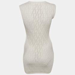 Pre Owned فستان فندي ميني تريكو جاكار بلا أكمام أبيض ميديوم