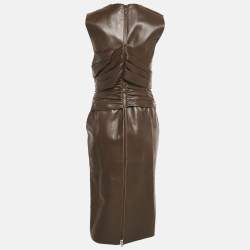 Pre Owned Fendi X Skims Brown Leather Pleated Detail Midi Dress S