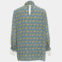 Pre Owned Fendi Blue heart Lock Printed Silk Neck Tie Detail Top M