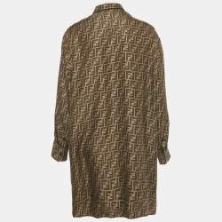 Pre Owned Fendi Brown Zucca Monogram Silk Oversized Shirt Dress M
