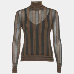 Pre Owned Fendi Brown/Black Striped Knit Turtle Neck Top S