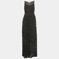 Pre Owned Fendi Black Floral Embroidered Mesh & Silk Maxi Dress S