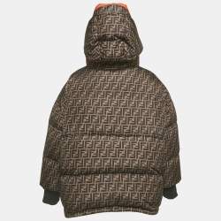 Pre Owned Fendi Brown/Orange Zucca Print Synthetic Reversible Puffer Jacket M
