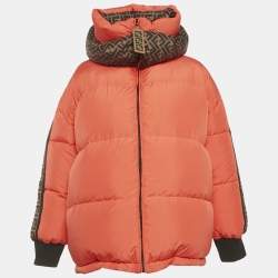 Pre Owned Fendi Brown/Orange Zucca Print Synthetic Reversible Puffer Jacket M