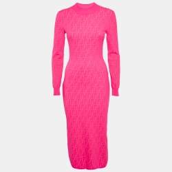 Pre Owned Fendi Fluorescent Pink FF Stretch Knit Bodycon Dress S