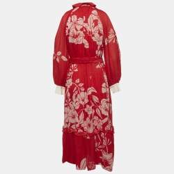مملوكة مسبقًا Fendi Red Floral Print Brocade Mock Neck Maxi Dress S