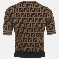 Pre Owned Fendi Brown FF Motif Stretch Knit Short Sleeve Jumper XS