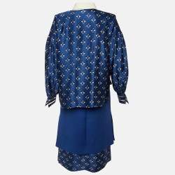 مملوكة مسبقًا طقم تنورة وقميص فنجي مزيج حرير مطبوع أزرق كحلي مقاس صغير/متوسط