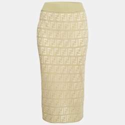 Pre Owned Fendi Green/Cream FF Stretch Knit Pencil Skirt M