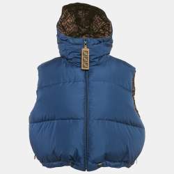 Pre Owned Fendi Brown/Blue FF Zucca Pattern Synthetic Reversible Biker Jacket M