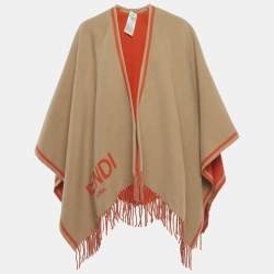 Pre Owned Fendi Brown/Orange Cashmere Fringed Poncho One Size 