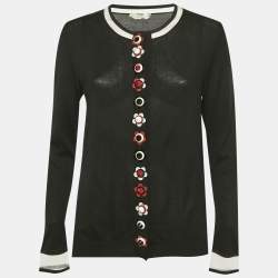 Pre Owned Fendi Black Cashmere Knit Floral Detail Cardigan M