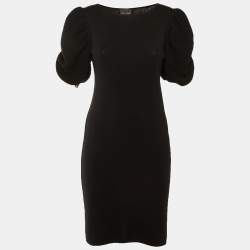 Pre Owned فستان فندي صوف ميرينو أسود بأكمام منتفخة طول الركبة مقاس متوسط