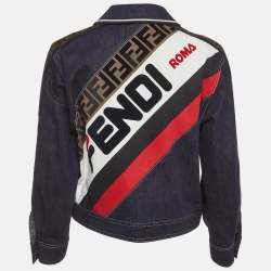 Pre Owned جاكيت فيندي إكس فيلا أزرق بخط شعار مع أزرار أمامي بمقاس متوسط 