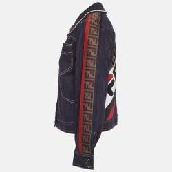 Pre Owned جاكيت فيندي إكس فيلا أزرق بخط شعار مع أزرار أمامي بمقاس متوسط 