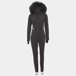 Pre Owned Fendi Grey Jersey Fur Hooded Ski Jumpsuit S