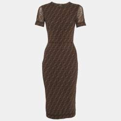 Pre Owned Fendi Brown FF Stretch Mesh Midi Dress S
