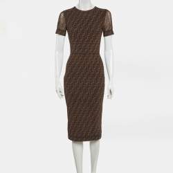 Pre Owned Fendi Brown FF Stretch Mesh Midi Dress S
