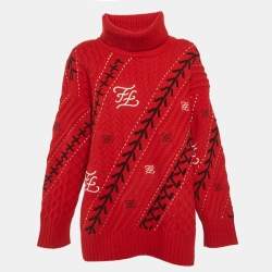 Pre Owned Fendi Red FF Intarsia Wool Turtle Neck Sweater S
