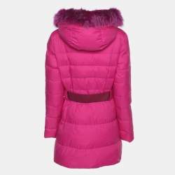 Pre Owned Fendi Pink Nylon and Fur Down Belted Hoodie Jacket M
