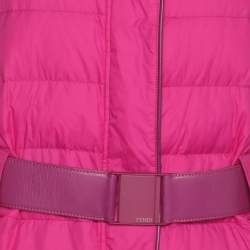 Pre Owned Fendi Pink Nylon and Fur Down Belted Hoodie Jacket M