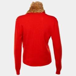Pre Owned Fendi Vintage Red Cashmere Knit & Fur Trim Cardigan S