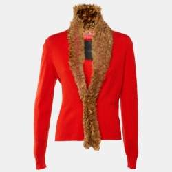 Pre Owned Fendi Vintage Red Cashmere Knit & Fur Trim Cardigan S