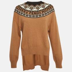مملوكة مسبقًا Fendi Brown Intarsia Wool Intarsia Rib Knit High-Low Sweater M