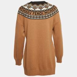 مملوكة مسبقًا Fendi Brown Intarsia Wool Intarsia Rib Knit High-Low Sweater M