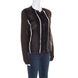 Pre Owned Fendi Brown Stretch Wool Mink Fur Paneled Zip Front Sweater S