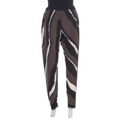 مملوكة مسبقًا Fendi Brown Printed Silk Elasticized Waist Tapered Pants S
