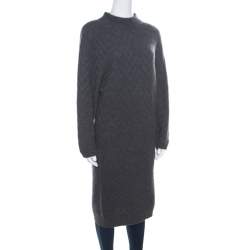 Pre Owned Fendi Grey Chevron Patterned Cashmere Knit High Neck Sweater Dress S
