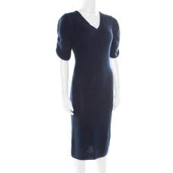 Pre Owned Fendi Navy Blue Crochet Knit Ruched Sleeve Midi Sweater Dress M