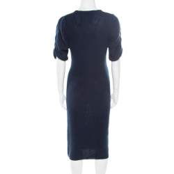 Pre Owned Fendi Navy Blue Crochet Knit Ruched Sleeve Midi Sweater Dress M