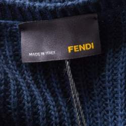Pre Owned Fendi Navy Blue Crochet Knit Ruched Sleeve Midi Sweater Dress M