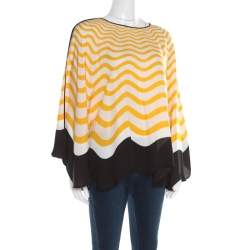 Fendi Yellow and Off White Wave Printed Silk Contrast Bow Trim Detail Kaftan Top M