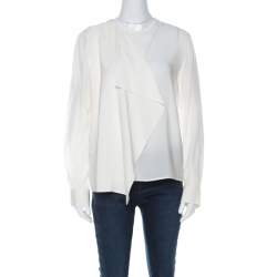 Pre Owned Fendi Cream Silk Buttoned Shoulder Asymmetrical Waterfall Front Blouse M 