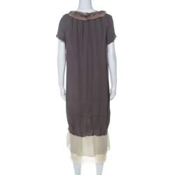 Fendi Grey Silk Ombre Fur Detail Layered Short Sleeve Dress M