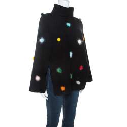 Fendi Black Wool Pom Pom Detail Turtleneck Cape (One Size)